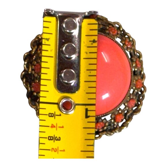 Vintage Austrian Coral Pink Statement Cabochon Brooch Large Crystals Filigree - Picture 4 of 4